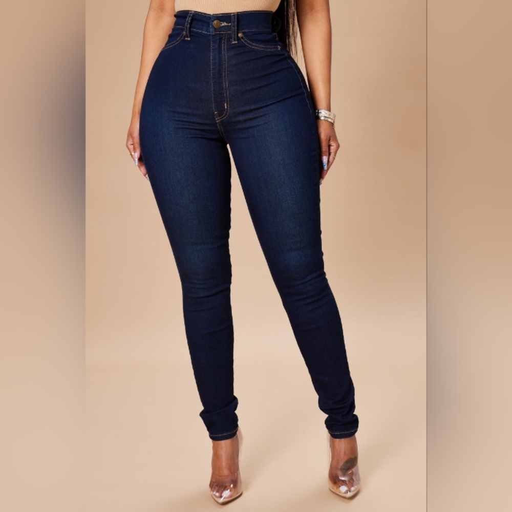 Fashion Nova Flex Game Strong Super High Rise Skinny Jeans — Dark Blue Wash